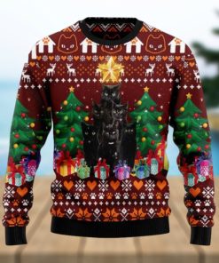 Black Cat Pine Tree All Over Print Wool Blend Ugly Xmas Sweater