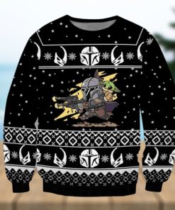 Boba Fett Baby Yoda Star Wars Shooting Pew Pew Knitted Ugly Xmas Sweater