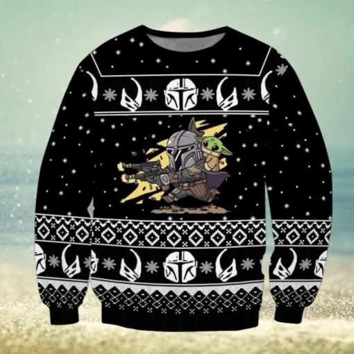 Boba Fett Baby Yoda Star Wars Shooting Pew Pew Knitted Ugly Xmas Sweater