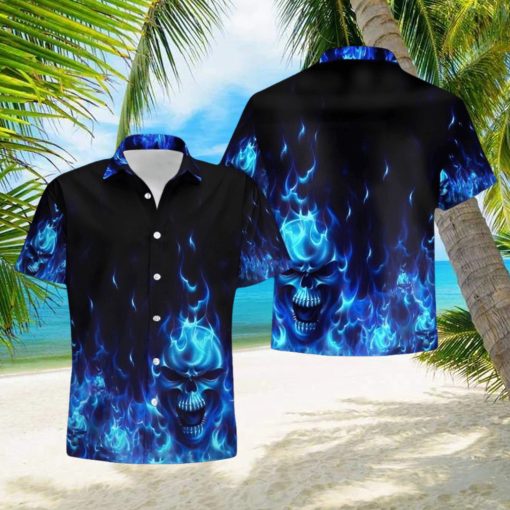 Buy Skull Flame Blue 3d All Over Hawaiian Shirtt