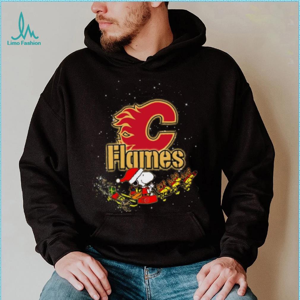 Calgary Flames NHL Santa Snoopy and Woodstock Christmas T Shirt Calgary Flames NHL Santa Snoopy and Woodstock Christmas T Shirt