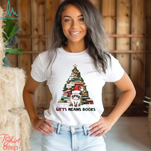 Cat Santa gifts means books Merry Christmas shirt