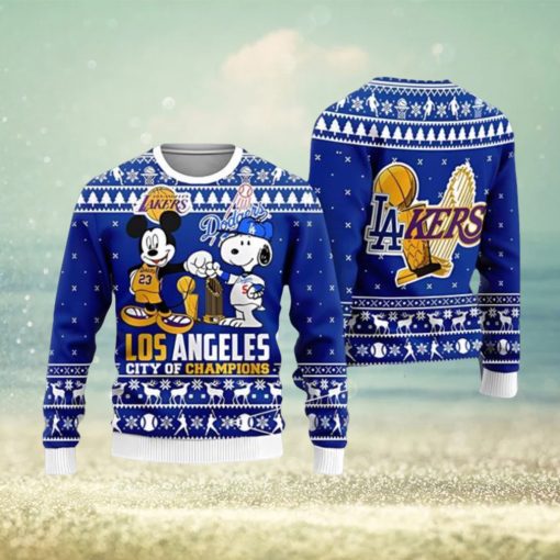 Cheap Mickey And Snoopy Los Angeles Dodgers Ugly Christmas Sweater 3D Printed Men And Women Holiday Gift