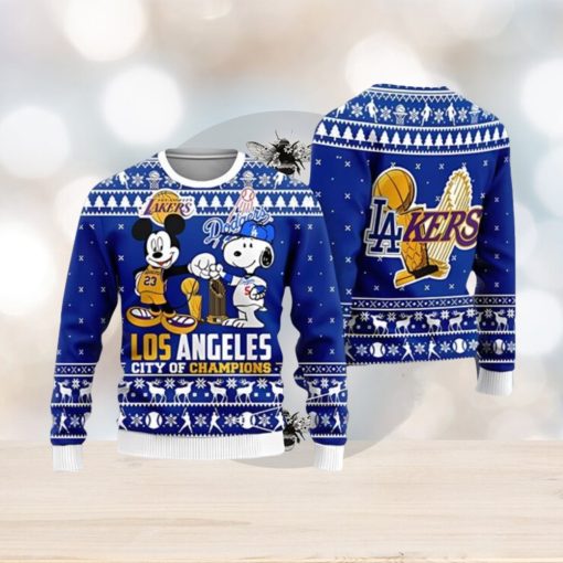 Cheap Mickey And Snoopy Los Angeles Dodgers Ugly Christmas Sweater 3D Printed Men And Women Holiday Gift