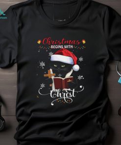 Christmas Begins With Christ Cat With Holy Bible Shirt