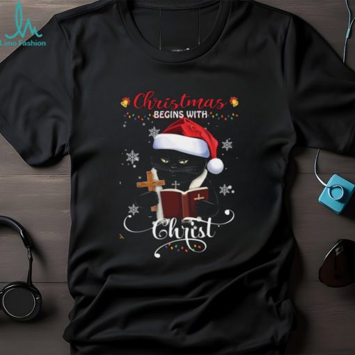 Christmas Begins With Christ Cat With Holy Bible Shirt