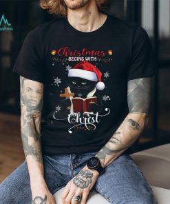 Christmas Begins With Christ Cat With Holy Bible Shirt