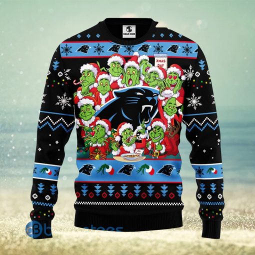 Christmas Gift NFL Carolina Panthers Cute 12 Grinch Face Xmas Day 3D Ugly Christmas Sweater