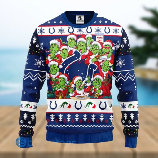 Christmas Gift NFL Indianapolis Colts Cute 12 Grinch Face Xmas Day 3D Ugly Christmas Sweater