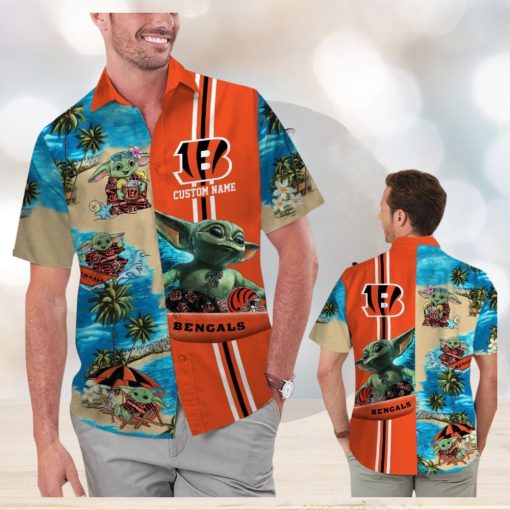 Cincinnati Bengals Baby Yoda Name Personalized Short Sleeve Button Up Tropical Hawaiian Shirt