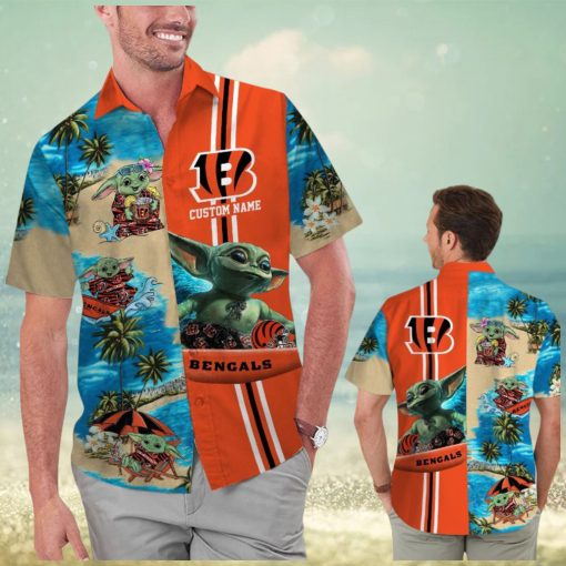 Cincinnati Bengals Baby Yoda Name Personalized Short Sleeve Button Up Tropical Hawaiian Shirt