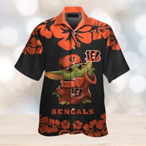 Cincinnati Bengals Baby Yoda Short Sleeve Button Up Tropical Hawaiian Shirt