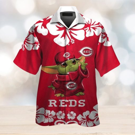 Cincinnati Reds Baby Yoda Short Sleeve Button Up Tropical Hawaiian Shirt