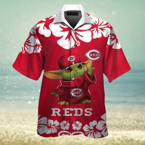 Cincinnati Reds Baby Yoda Short Sleeve Button Up Tropical Hawaiian Shirt