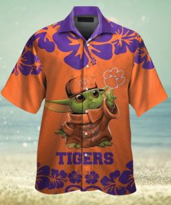 Clemson Tigers Baby Yoda Short Sleeve Button Up Tropical Hawaiian Shirt