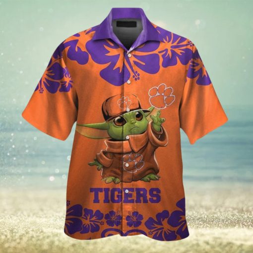 Clemson Tigers Baby Yoda Short Sleeve Button Up Tropical Hawaiian Shirt