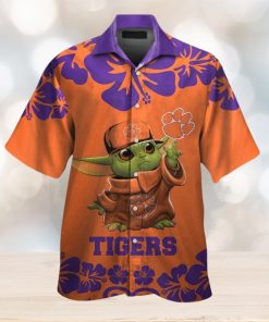 Clemson Tigers Baby Yoda Short Sleeve Button Up Tropical Hawaiian Shirt