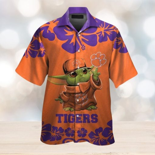 Clemson Tigers Baby Yoda Short Sleeve Button Up Tropical Hawaiian Shirt