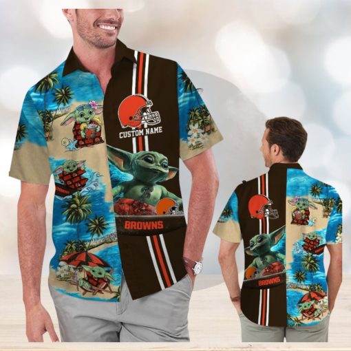 Cleveland Browns Baby Yoda Name Personalized Short Sleeve Button Up Tropical Hawaiian Shirt