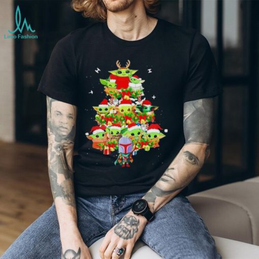 Colorful Baby Yoda And The Mandalorian Merry Christmas Tree Gift Shirt