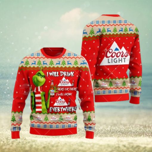 Coors Light Beer Grinch I Will Drink Here I Will Drink Everywhere Ugly Christmas Sweater Xmas 3D Printed Christmas Sweater Gift