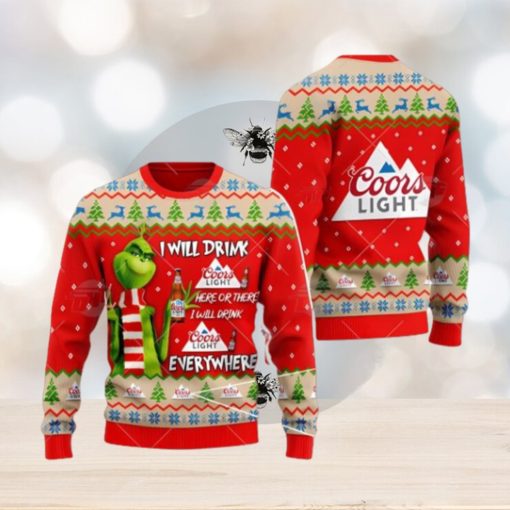 Coors Light Beer Grinch I Will Drink Here I Will Drink Everywhere Ugly Christmas Sweater Xmas 3D Printed Christmas Sweater Gift