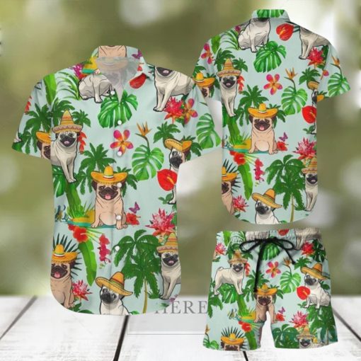 Cute Pug Shirts Cool Pug Wearing Mexican Hat Tropical Hawaiian Shirt & Short For Men And Women