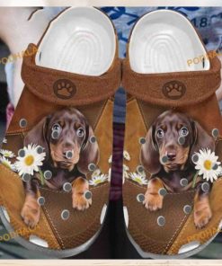 Dachshund Daisy Paws Leather Pattern Crocs, Quality Dog Lover Shoes