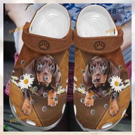 Dachshund Daisy Paws Leather Pattern Crocs, Quality Dog Lover Shoes