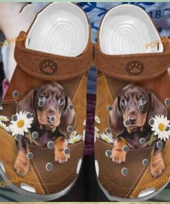 Dachshund Daisy Paws Leather Pattern Crocs, Quality Dog Lover Shoes