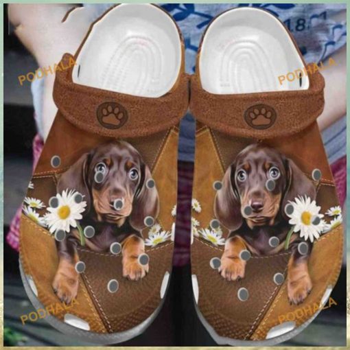 Dachshund Daisy Paws Leather Pattern Crocs, Quality Dog Lover Shoes