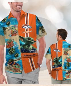 Denver Broncos Baby Yoda Name Personalized Short Sleeve Button Up Tropical Hawaiian Shirt