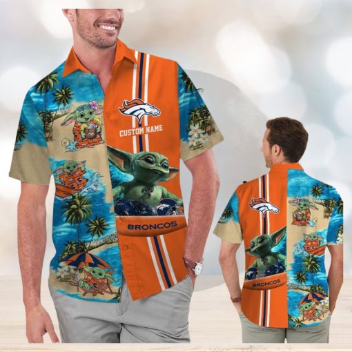 Denver Broncos Baby Yoda Name Personalized Short Sleeve Button Up Tropical Hawaiian Shirt