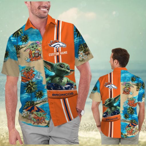 Denver Broncos Baby Yoda Name Personalized Short Sleeve Button Up Tropical Hawaiian Shirt