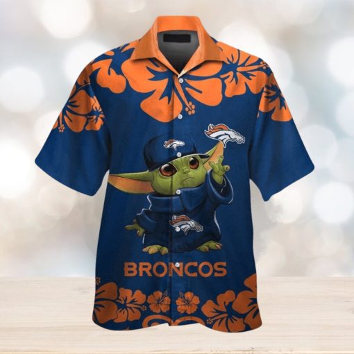 Denver Broncos Baby Yoda Short Sleeve Button Up Tropical Hawaiian Shirt