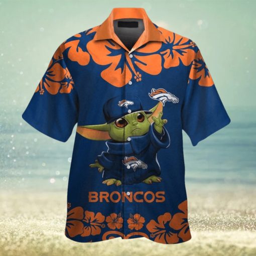 Denver Broncos Baby Yoda Short Sleeve Button Up Tropical Hawaiian Shirt