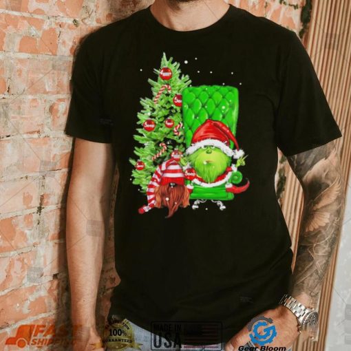 Design Grinch Hat Santa Hug Ball Grinch Glossy And Gnome Tree Merry Christmas Shirt