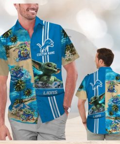 Detroit Lions Baby Yoda Name Personalized Short Sleeve Button Up Tropical Hawaiian Shirt