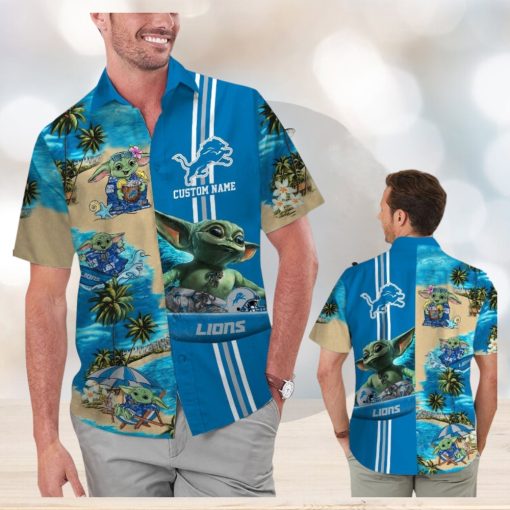 Detroit Lions Baby Yoda Name Personalized Short Sleeve Button Up Tropical Hawaiian Shirt