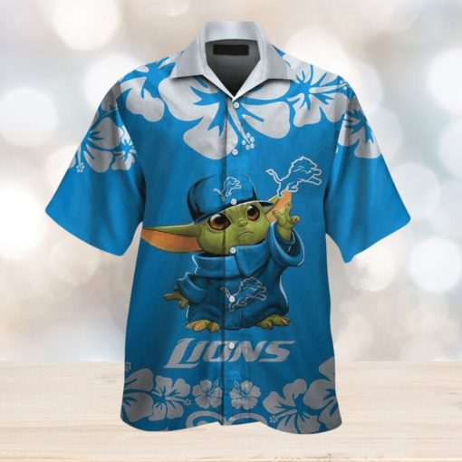 Detroit Lions Baby Yoda Short Sleeve Button Up Tropical Hawaiian Shirt