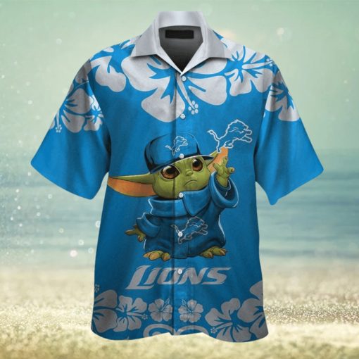 Detroit Lions Baby Yoda Short Sleeve Button Up Tropical Hawaiian Shirt