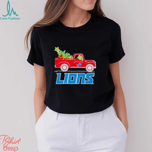 Detroit Lions football NFL Santa Grinch driving Christmas tree Merry Christmas shirt