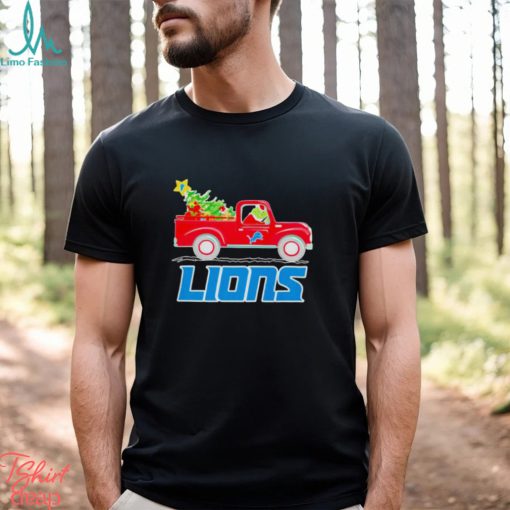 Detroit Lions football NFL Santa Grinch driving Christmas tree Merry Christmas shirt