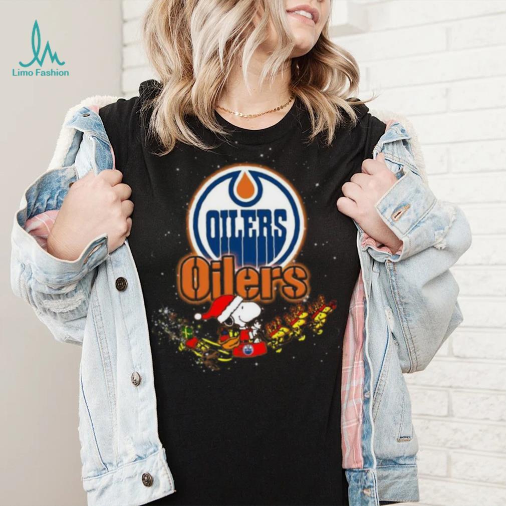Edmonton Oilers NHL Santa Snoopy and Woodstock Christmas T Shirt Edmonton Oilers NHL Santa Snoopy and Woodstock Christmas T Shirt