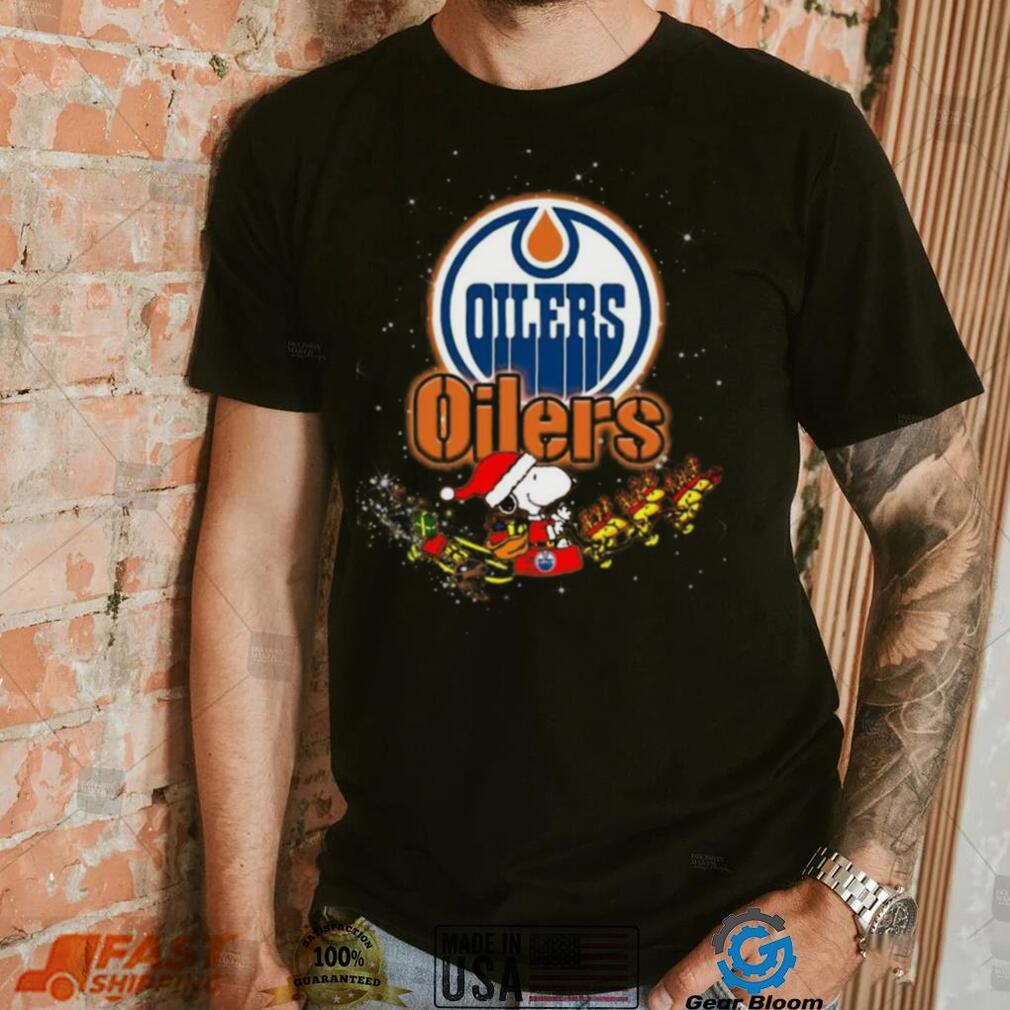 Edmonton Oilers NHL Santa Snoopy and Woodstock Christmas T Shirt Edmonton Oilers NHL Santa Snoopy and Woodstock Christmas T Shirt