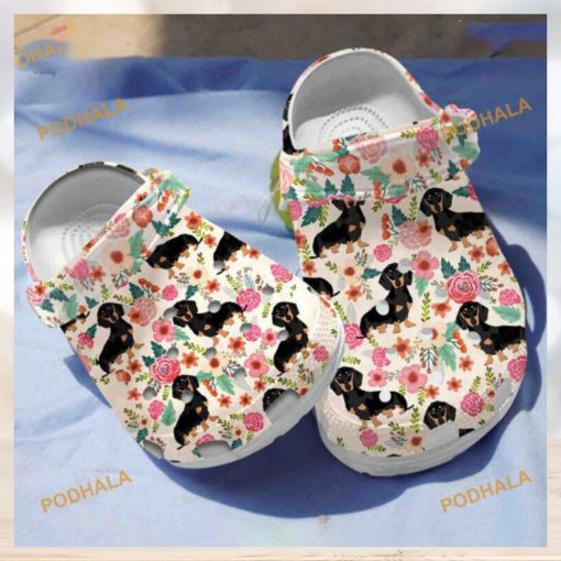 Floral Black Dachshund Crocs Unique Classic Clogs