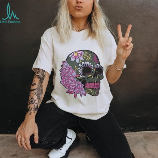 Floral Sugar Skull Dead Day Purple Flowers Gothic Skeleton T Shirt