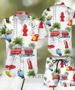 Funny Firefighter Shirts Firefighter With Dog On Vacation White Hawaiian Shirt & Short For Men And Women