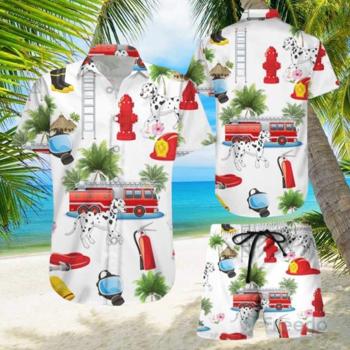 Funny Firefighter Shirts Firefighter With Dog On Vacation White Hawaiian Shirt & Short For Men And Women