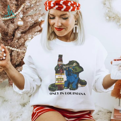 Gator holding Dixie Beer only in Louisiana vintage shirt